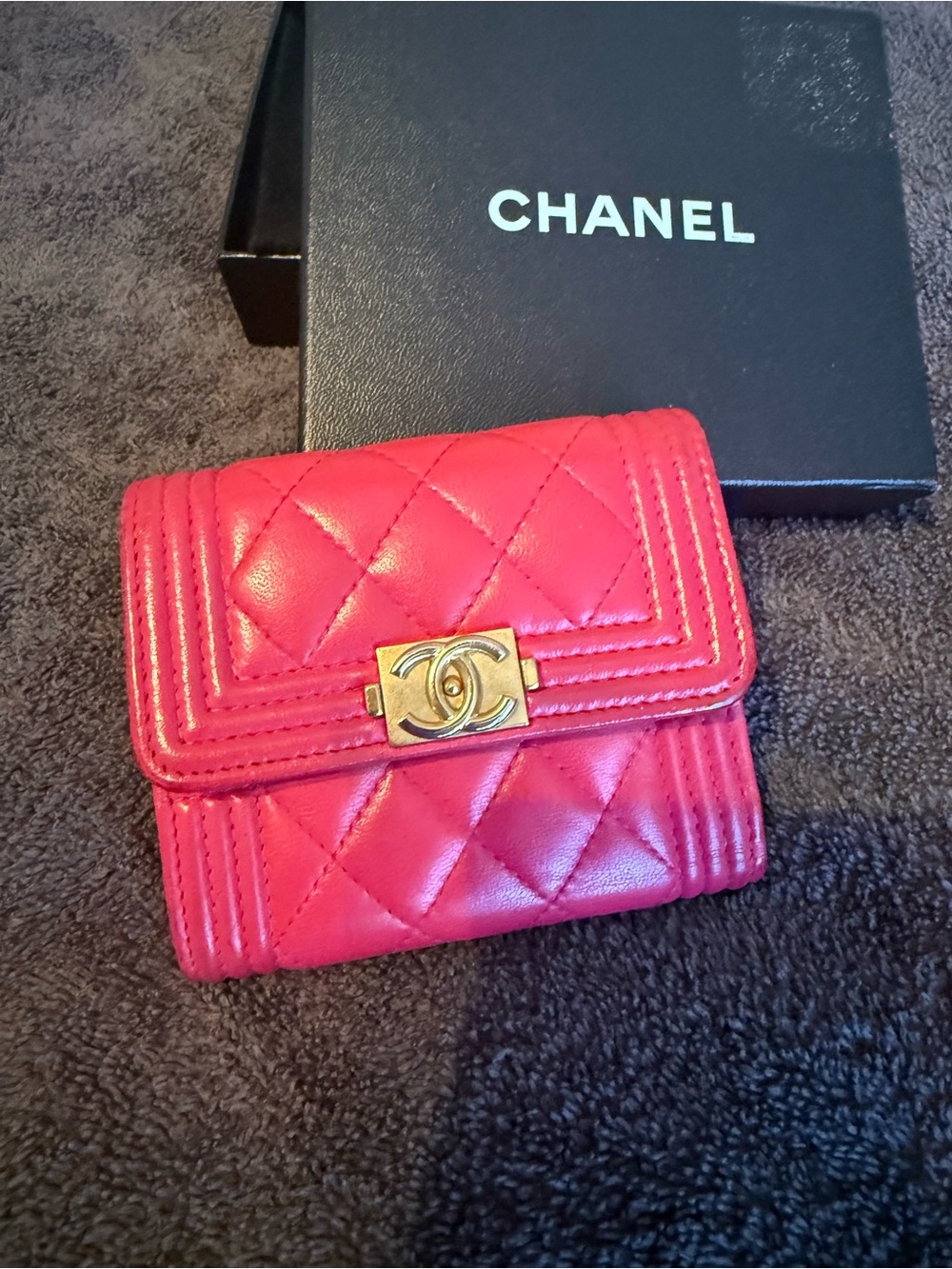 CHANEL Pink Quilted Leather Compact Wallet with Gold CC Lock